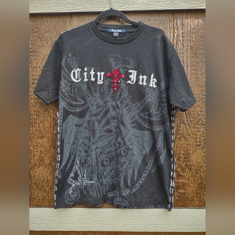 City Ink Black Winged Cross Goth Grahic T Shirt Mens L New